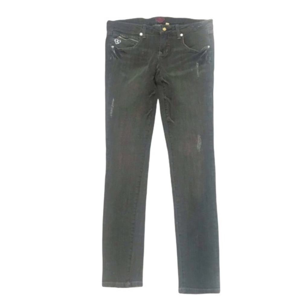 2B Bebe 29 dark grey wash‎ zipper studs skinny cut distressed mid rise jeans